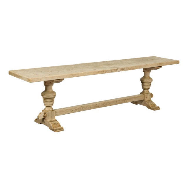 French 19th Century Bleached Walnut Bench with Turned Legs and Cross Stretcher For Sale