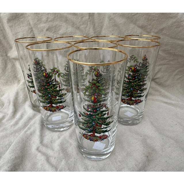 1930s Vintage Set of 8 Spode Christmas Tree Highball Glasses For Sale - Image 5 of 6