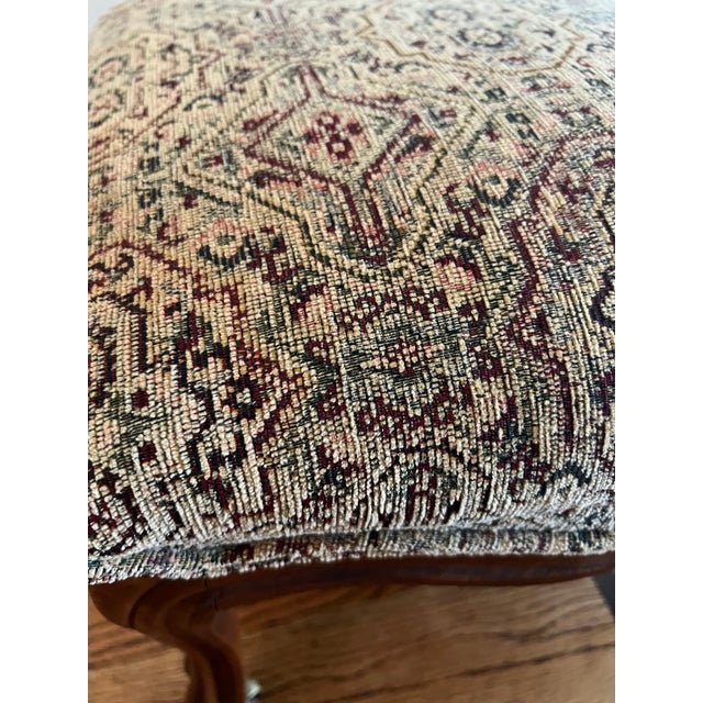 Wood Vintage Tapestry Footstool Ottoman With Cabriole Legs & Brass Casters For Sale - Image 7 of 9