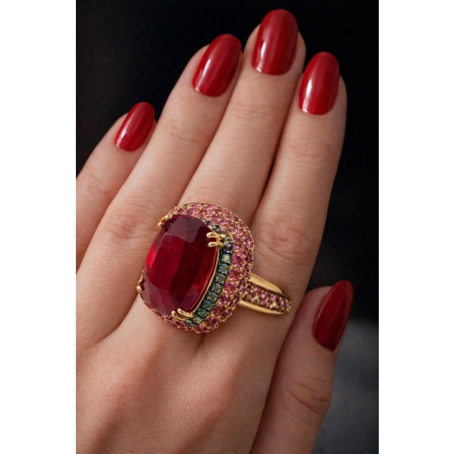 Late 20th Century Bochic “Capri” Vintage Ruby, Emerald & Pink Sapphire Ring Set 18K Gold & Silver For Sale - Image 5 of 14