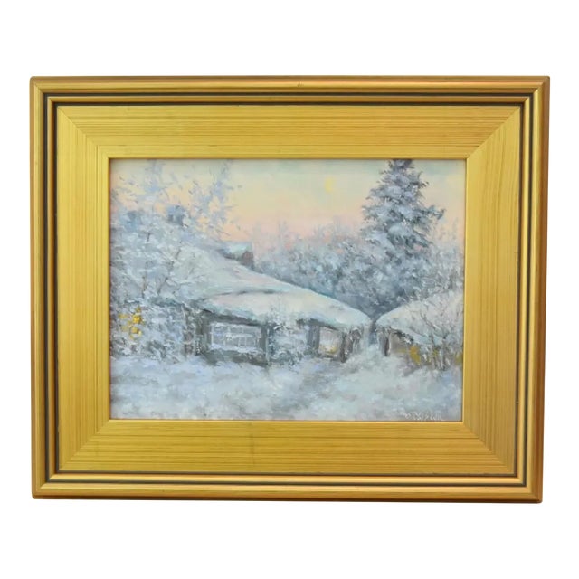 Impressionist Winter Landscape Cottage Oil Painting Including the Antiqued Gold Wood Frame For Sale