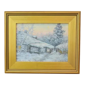 Impressionist Winter Landscape Cottage Oil Painting Including the Antiqued Gold Wood Frame