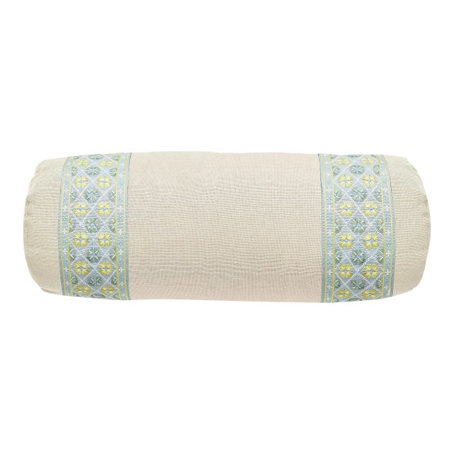 The House of Scalamandré Toscana/Hansel Bolster Pillow, Rich Cream/Summer Breeze For Sale