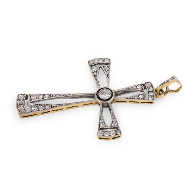 1920s Art Deco Diamond 14k Yellow Gold and Platinum Cross Pendant Necklace For Sale - Image 4 of 6