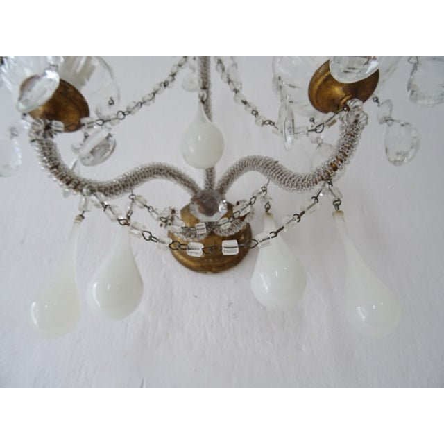 Wood 1900 French White Opaline Murano Drops Micro Beaded Crystal Sconces 3 Lights For Sale - Image 7 of 12