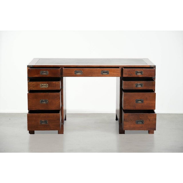 Wooden English Desk with Brass Elements and Green Leather Top For Sale - Image 3 of 14