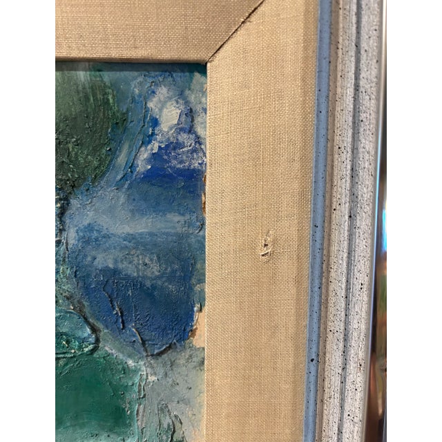 Metal Mid Twentieth Century Original Blue and Green Abstract Oil Painting, Framed For Sale - Image 7 of 8