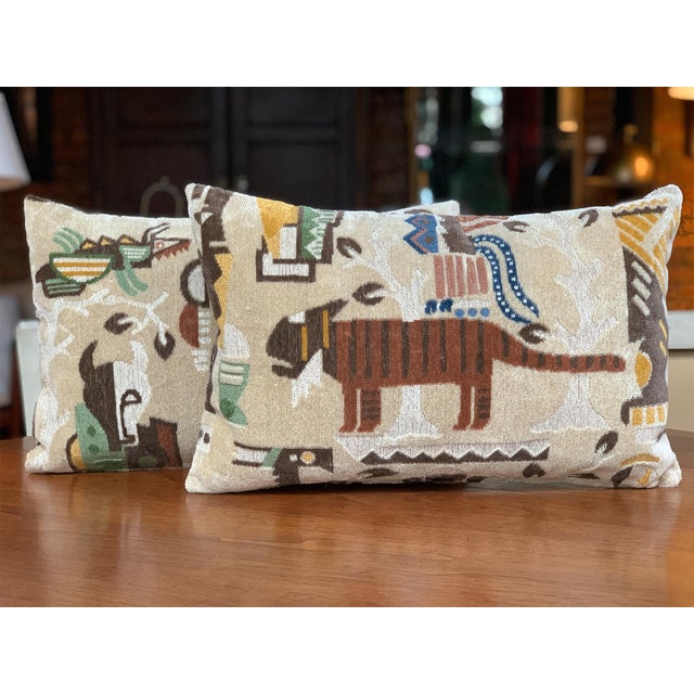 New custom-made Cafiero Select pillows in cut velvet and linen back. The colorful design is by Kazumi Yoshida for Clarence...