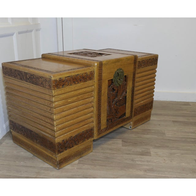 1930s Art Deco Limed Oak & Carved Camphor Wood Chest, 1930s For Sale - Image 5 of 8