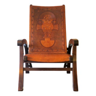 Tihuanaco Teak and Tooled Leather Folding Chair by Angel I. Pazmino for Muebles de Estilo, Ecuador, 1970s For Sale