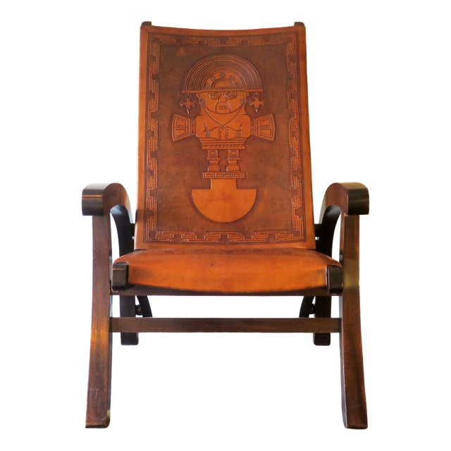 Tihuanaco Teak and Tooled Leather Folding Chair by Angel I. Pazmino for Muebles de Estilo, Ecuador, 1970s For Sale