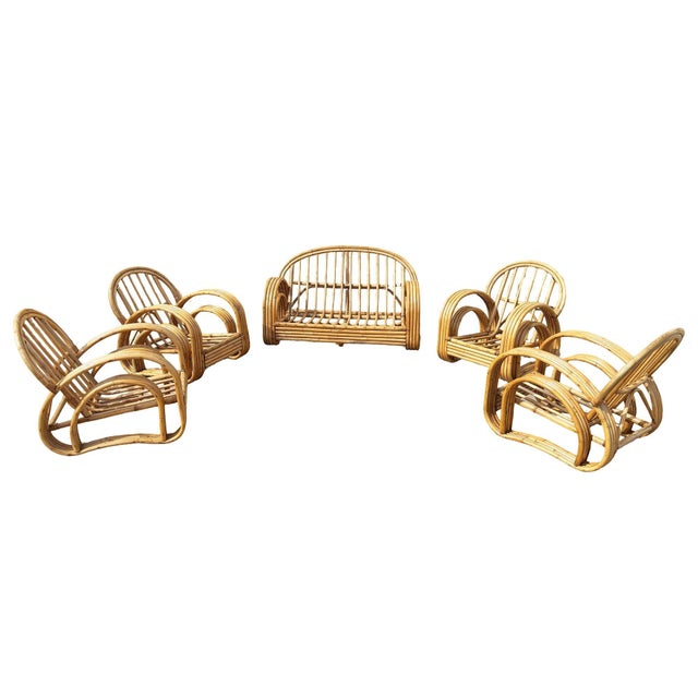 Coastal 1950s Restored 4-Strand Double Arch Speed Arms Rattan Sofa & Chairs Livingroom Set of 5 For Sale - Image 3 of 14