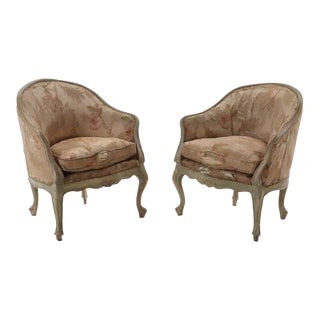 A Pair of Italian Rococo Style Painted and Upholstered Lounge Chairs, 19th Century. For Sale