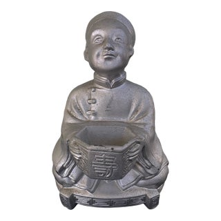 Vintage Asian Cast Metal Scholar Figurine Incense Burner With Longevity Symbol For Sale