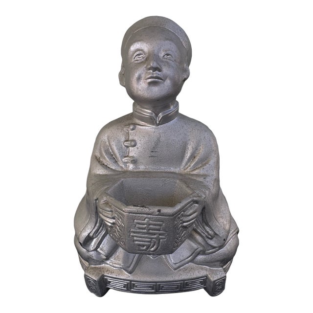 Vintage Asian Cast Metal Scholar Figurine Incense Burner With Longevity Symbol For Sale