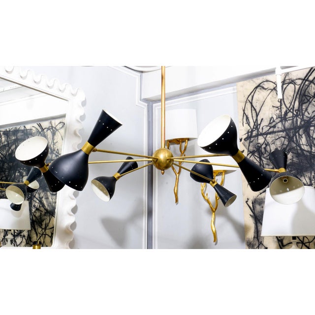 Mid-Century Modern Mid-Century Inspired Six-Arm Brass Fixture With Articulated Black Shades For Sale - Image 3 of 7