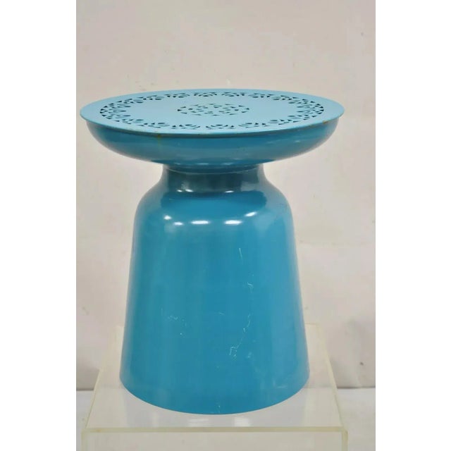 Modern Turquoise Blue Perforated Metal Garden Stool Round Drum Side Table. Circa 21st Century, Pre-Owned. Measurements:...