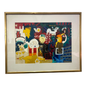 1970s Vintage Primary Color Mixed Media Painting by Molly Schiff, Framed