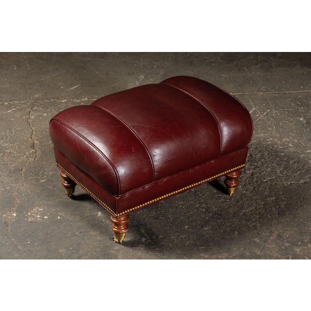 Late 20th Century Pair of Plush Leather Armchairs With Ottoman in Burgundy For Sale - Image 13 of 18