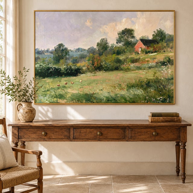 Farmhouse French Country Landscape Art Print – Red Barn & Chickens in a Meadow, 16" X 12" For Sale - Image 3 of 8