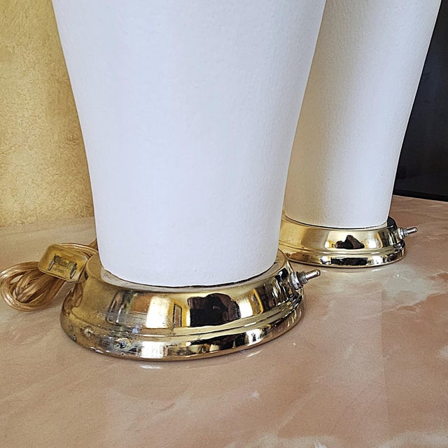 White Pair of Vintage White Ceramic Urn Form Table Lamps With Gold Bases and Pleated Shades For Sale - Image 8 of 18