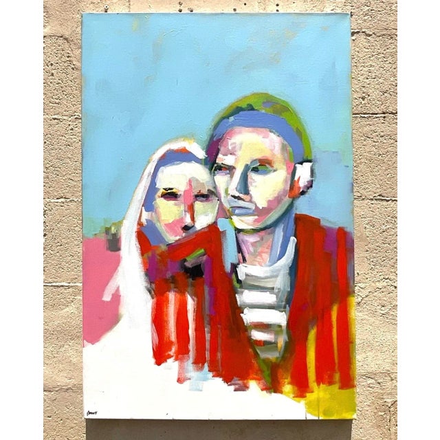 The Vintage Boho Abstract Expressionist Figural Oil Painting on Canvas showcases American artistic ingenuity with its bold...