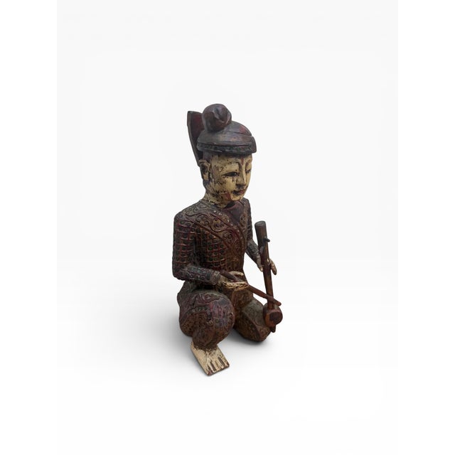 Brown Mid 20th Century Hand-Carved Chinese Wooden Figural Sculpture of Seated Musician Holding Musical Instrument For Sale - Image 8 of 14