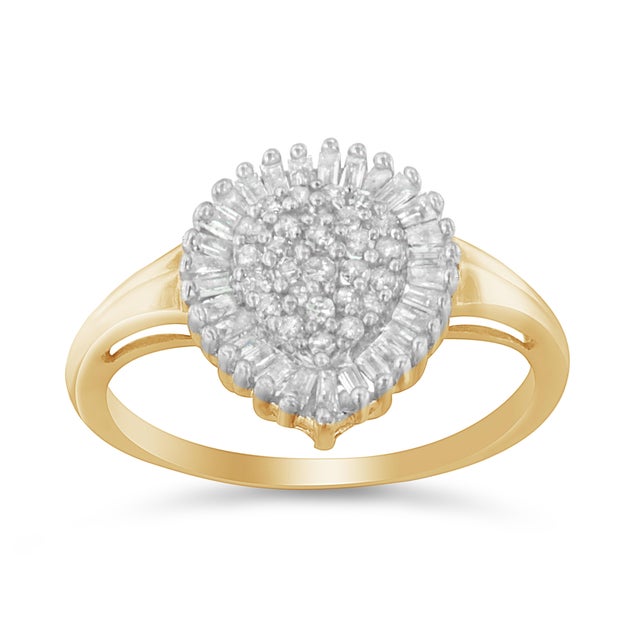 Contemporary 10K Yellow Gold 1/2 Cttw Round & Baguette Cut Diamond Pear Shaped Domed Cluster with Halo Cocktail Ring (J-K Color, I1-I2 Clarity) - Size 6.5 For Sale - Image 3 of 7
