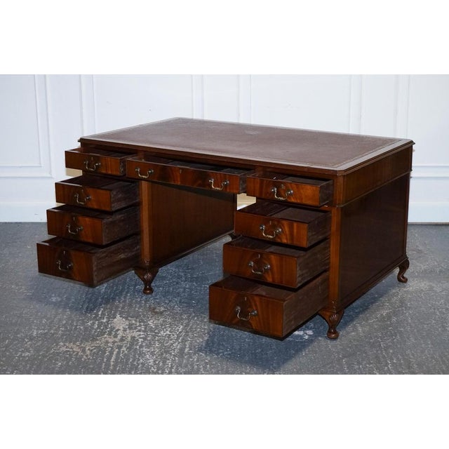 Burgundy Embossed Leather Top Twin Pedestal Desk from Globe Wernicke For Sale - Image 3 of 18