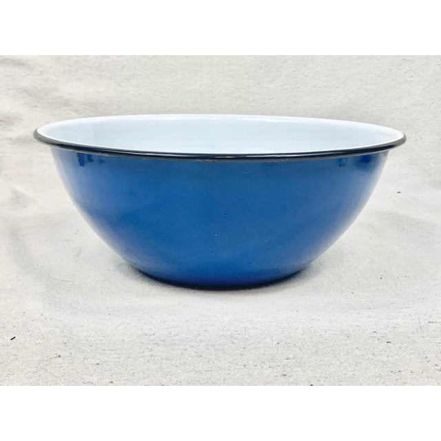Vintage Blue Enamel Metal Mixing Bowls-A Pair For Sale - Image 9 of 11