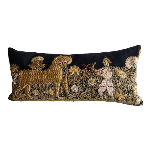 Opulent 19th Century Gold Thread Hand Embroidered Tiger Lumbar Pillow For Sale