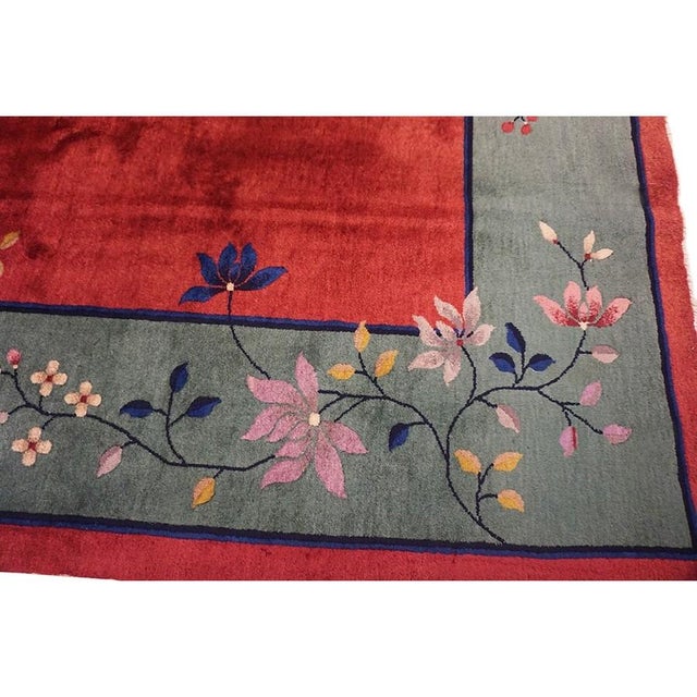 1920s Red Vase Floral Antique Chinese Art Deco Rug 9' X 11'9" Handknotted Wool Carpet For Sale - Image 9 of 11