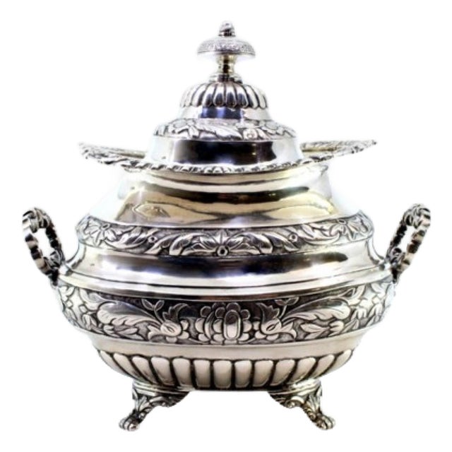 Silver Sugar Bowl with Reliefs, Applications, Handles, Knob Lid and Claw-Shaped Feet For Sale