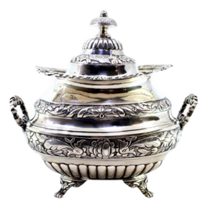 Silver Sugar Bowl with Reliefs, Applications, Handles, Knob Lid and Claw-Shaped Feet