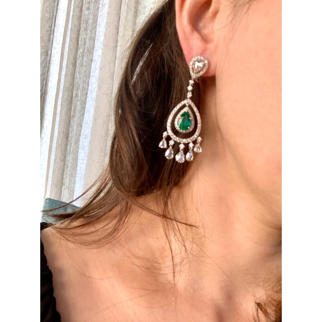 GIA Certified 6.5Ct Zambian Pear Emerald Diamond Hanging/Drop Earrings 18KW Gold For Sale - Image 12 of 18