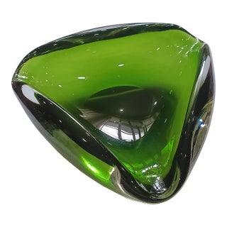 Murano-Attributed Green Sommerso Art Glass Ashtray / Catchall in Rounded Triangle Form For Sale