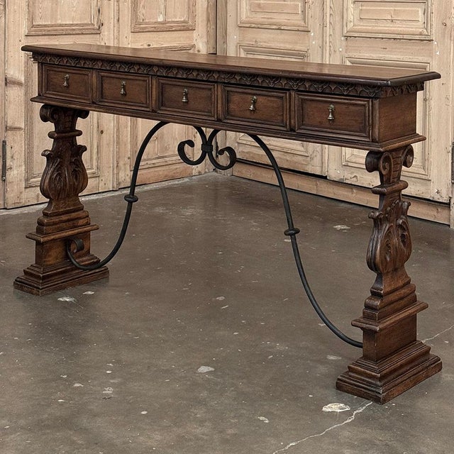 Spanish Revival Mid Century Spanish Walnut Sofa Table ~ Console With Hand Forged Iron Stretcher For Sale - Image 3 of 18