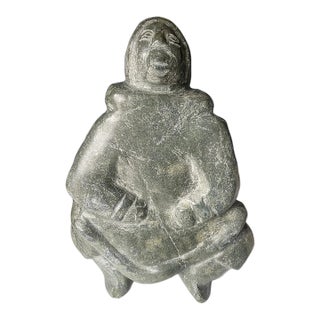 Mid 20th Century +25 LBS Huge Native Inuit Hand Carved Stone Sitting Human Art Sculpture For Sale