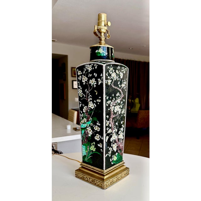 Antique Chinese Famille Noire Porcelain Square Vase Table Lamp For Sale - Image 9 of 15