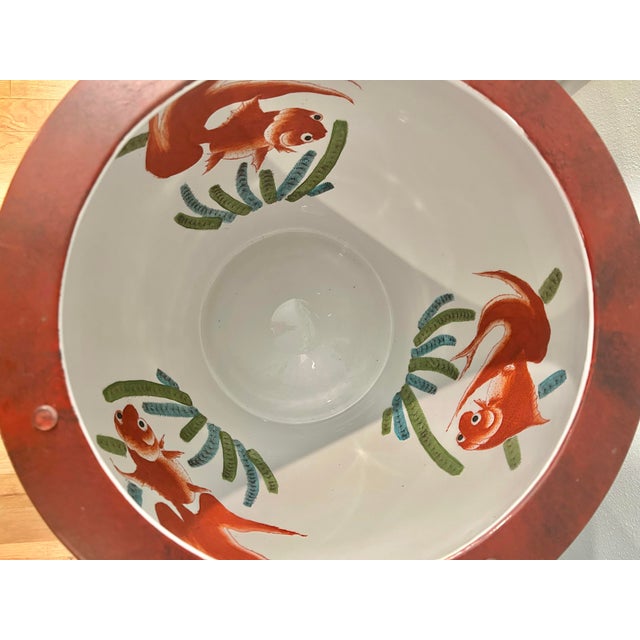 Late 20th Century Vintage Chinoiserie Oxblood Fishbowl Planter or Side Table on Stand With Glass Top For Sale - Image 5 of 12