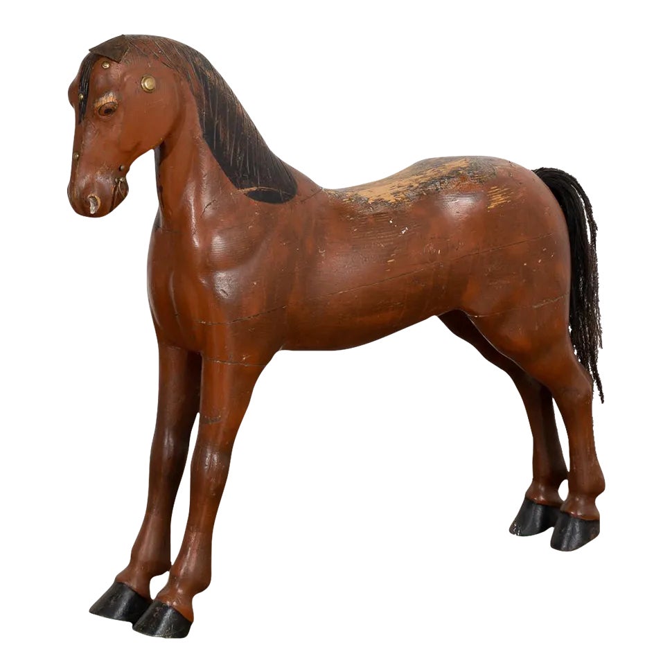 Vintage Hand Carved Brown Painted Wood Horse Sculpture, Sweden Circa