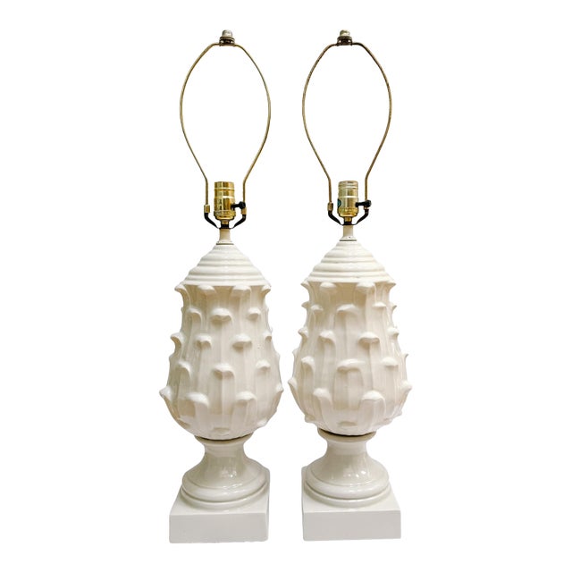 1960s Palm Beach Regency Italian Porcelain Artichoke Table Lamps - A Pair For Sale