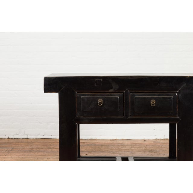 Early 20th Century Chinese Early 20th Century Black Lacquered Console Table with Two Drawers For Sale - Image 5 of 13