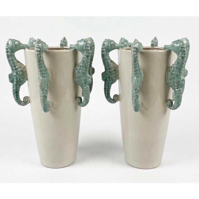 Italian Pair of Italian Glazed Ceramic Seahorse Vases For Sale - Image 3 of 6