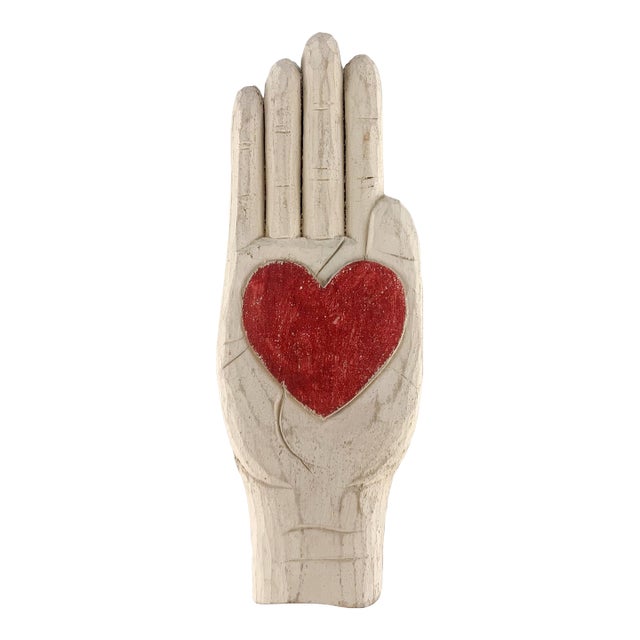 Vintage FJJ Slimak Rose Kern Hand Heart Sculpture Folk Art 1991 Painted Wood For Sale
