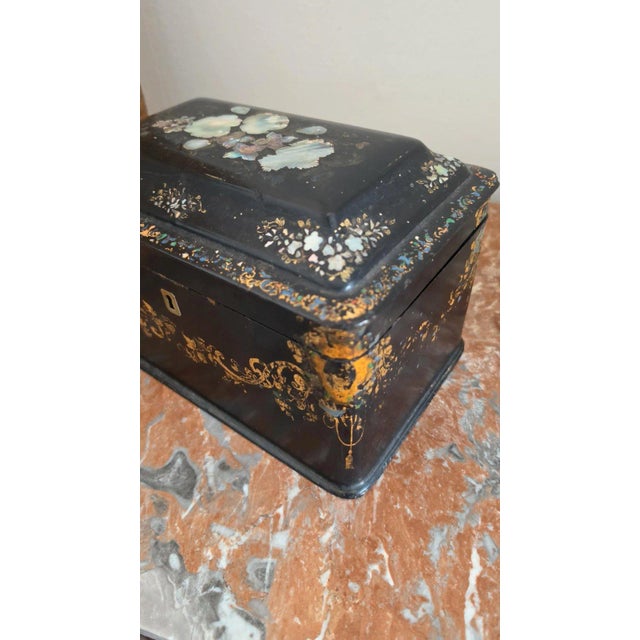 Antique Victorian Papier Mache Tea Caddy Mother of Pearl Inlay Black Lacquer Box Cut Crystal Mixing Bowl 19th Century For Sale - Image 11 of 17