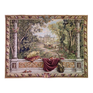 French Château Landscape Jacquard Woven Tapestry With Carriage & Courtly Scene For Sale