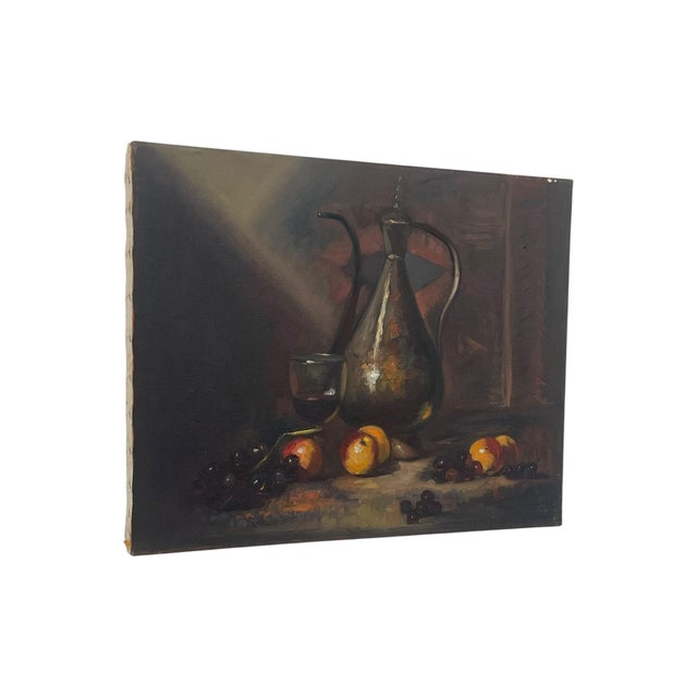 Original still life oil painting on canvas depicting a traditional tabletop arrangement featuring a wine goblet, apples,...