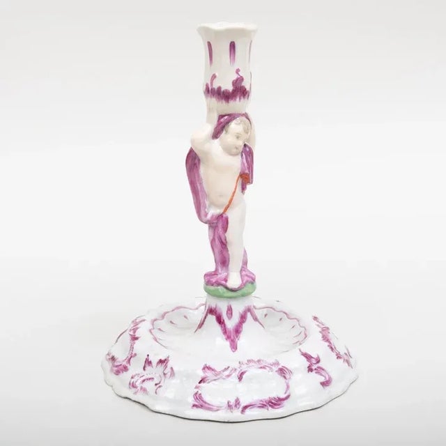 Antique 18th Century German Baroque Porcelain Candlestick with Figural Putto Angel Stem For Sale - Image 9 of 10