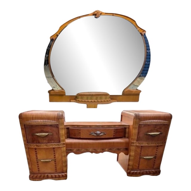 Monumental American Art Deco Waterfall Vanity With Shield Mirror, C. 1935–1945 For Sale